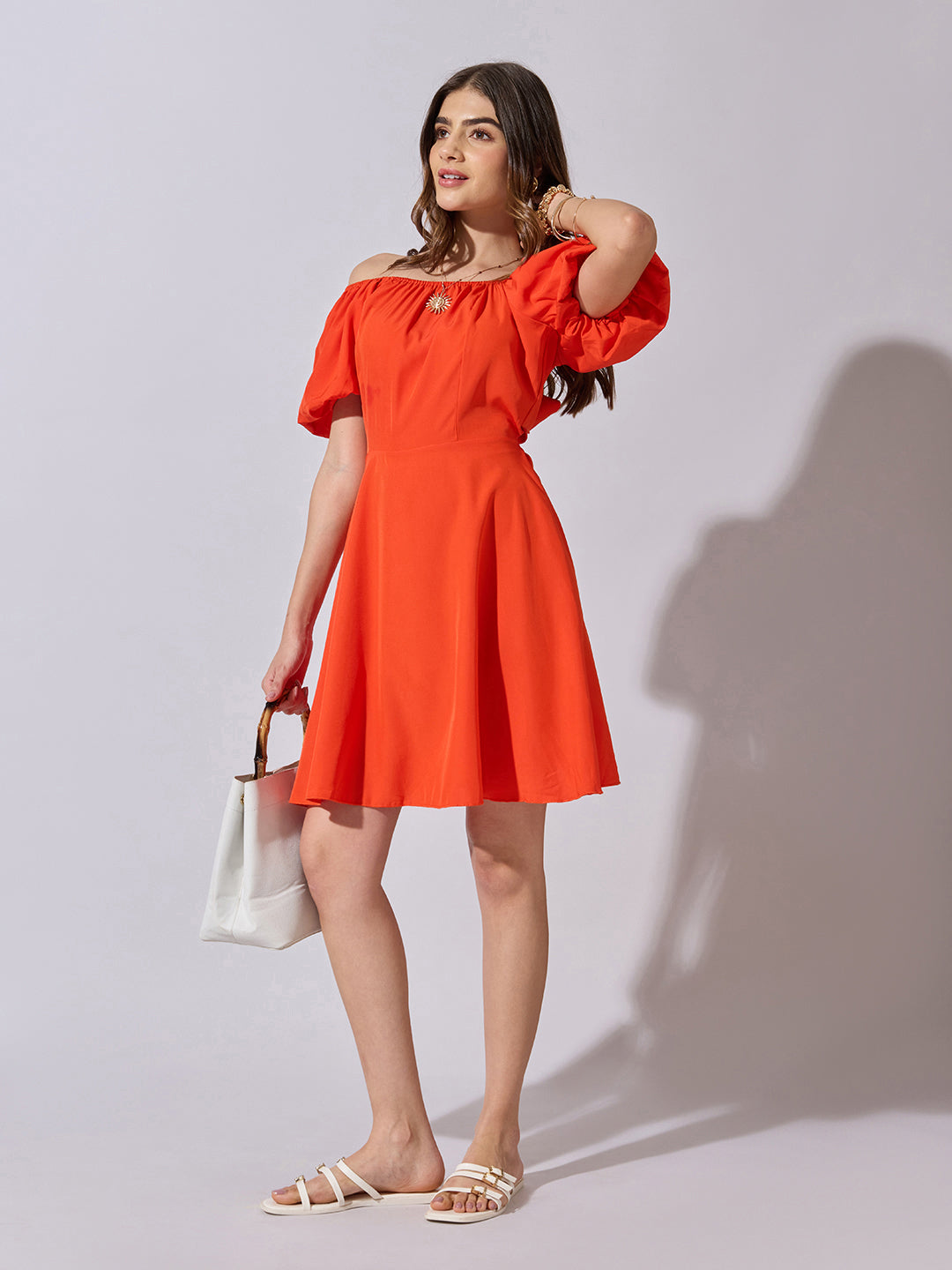 Women's Orange Off Shoulder Mini Dress