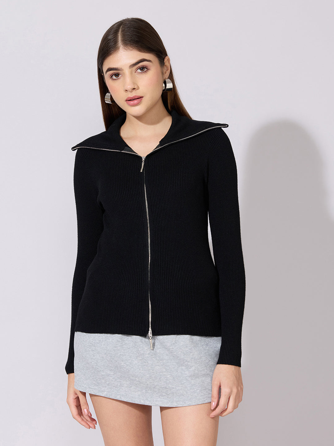 Women's Ribbed Black Zip-Up Knit Top