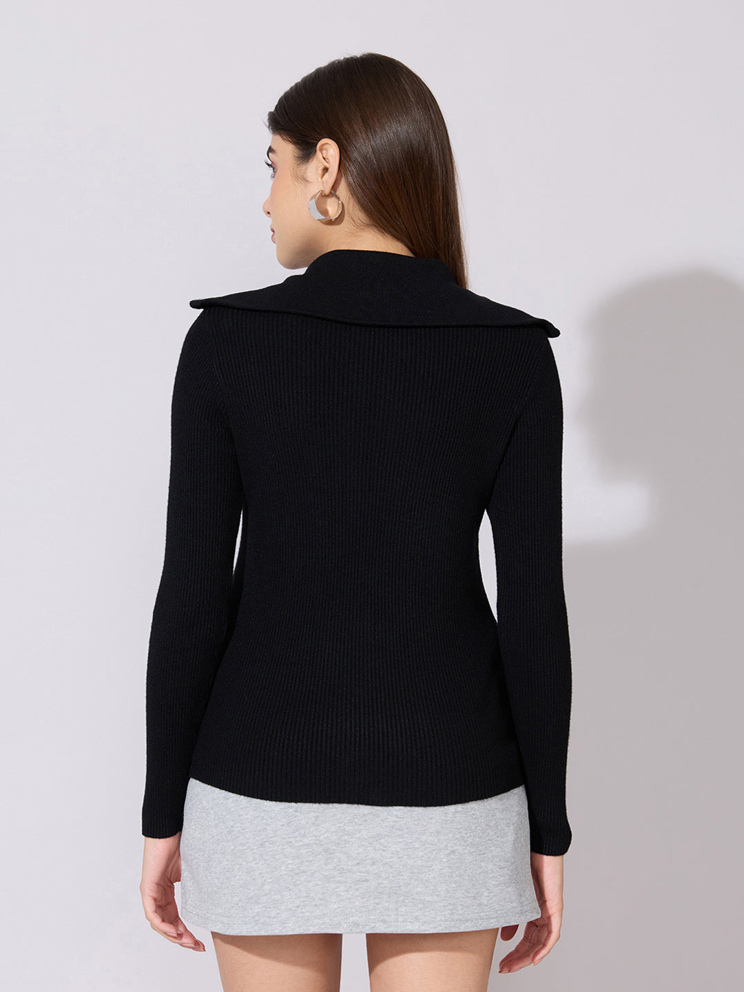 Women's Ribbed Black Zip-Up Knit Top