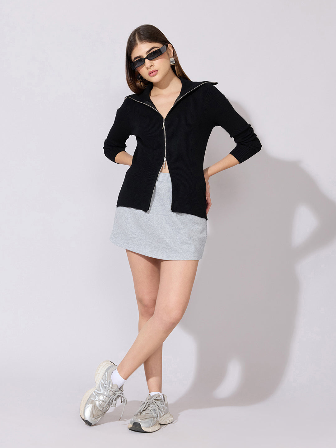 Women's Ribbed Black Zip-Up Knit Top