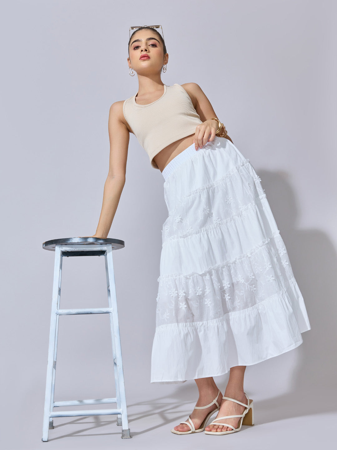 Women's Floral Embroidered White Tiered Midi Skirt