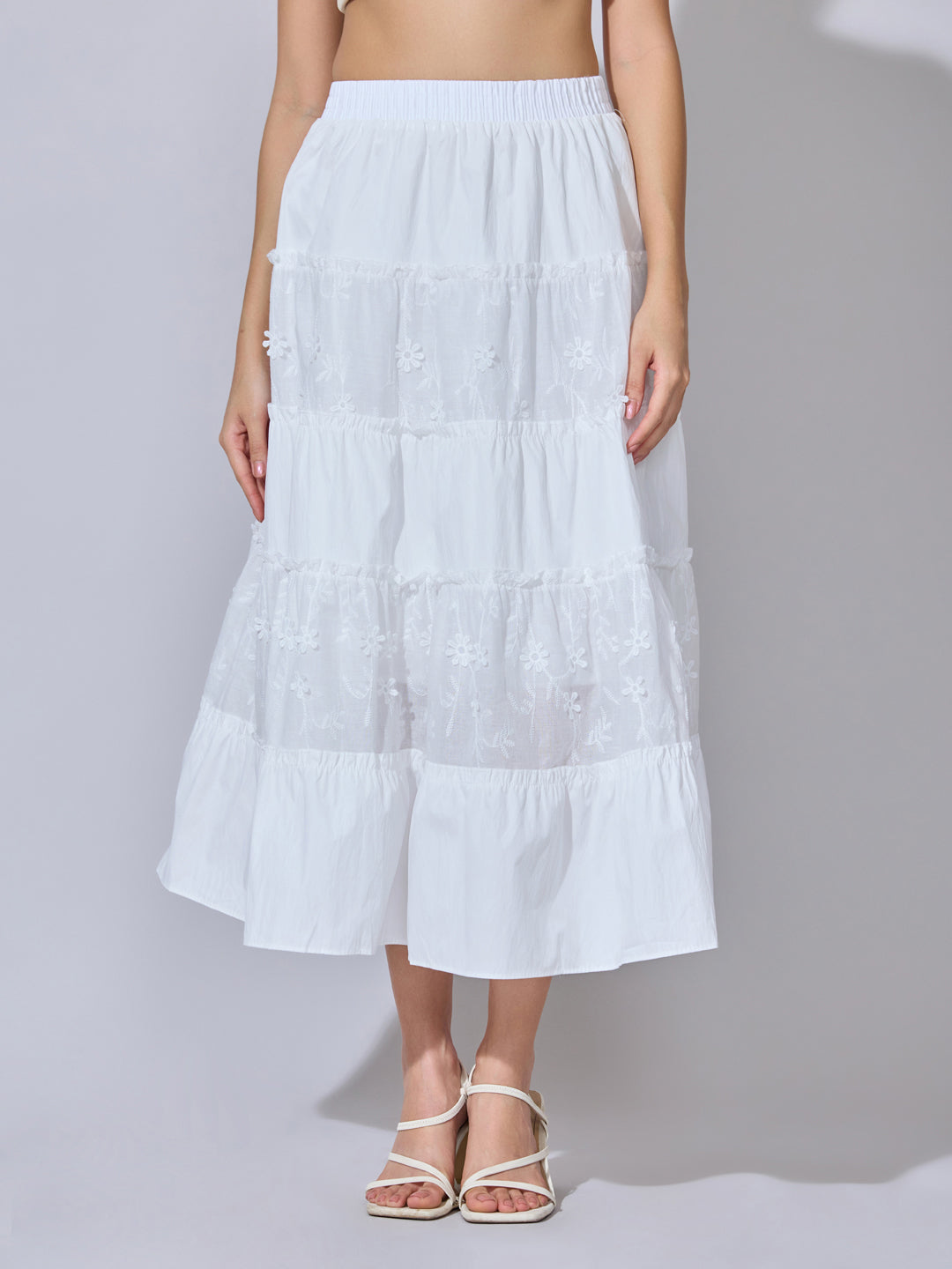 Women's Floral Embroidered White Tiered Midi Skirt