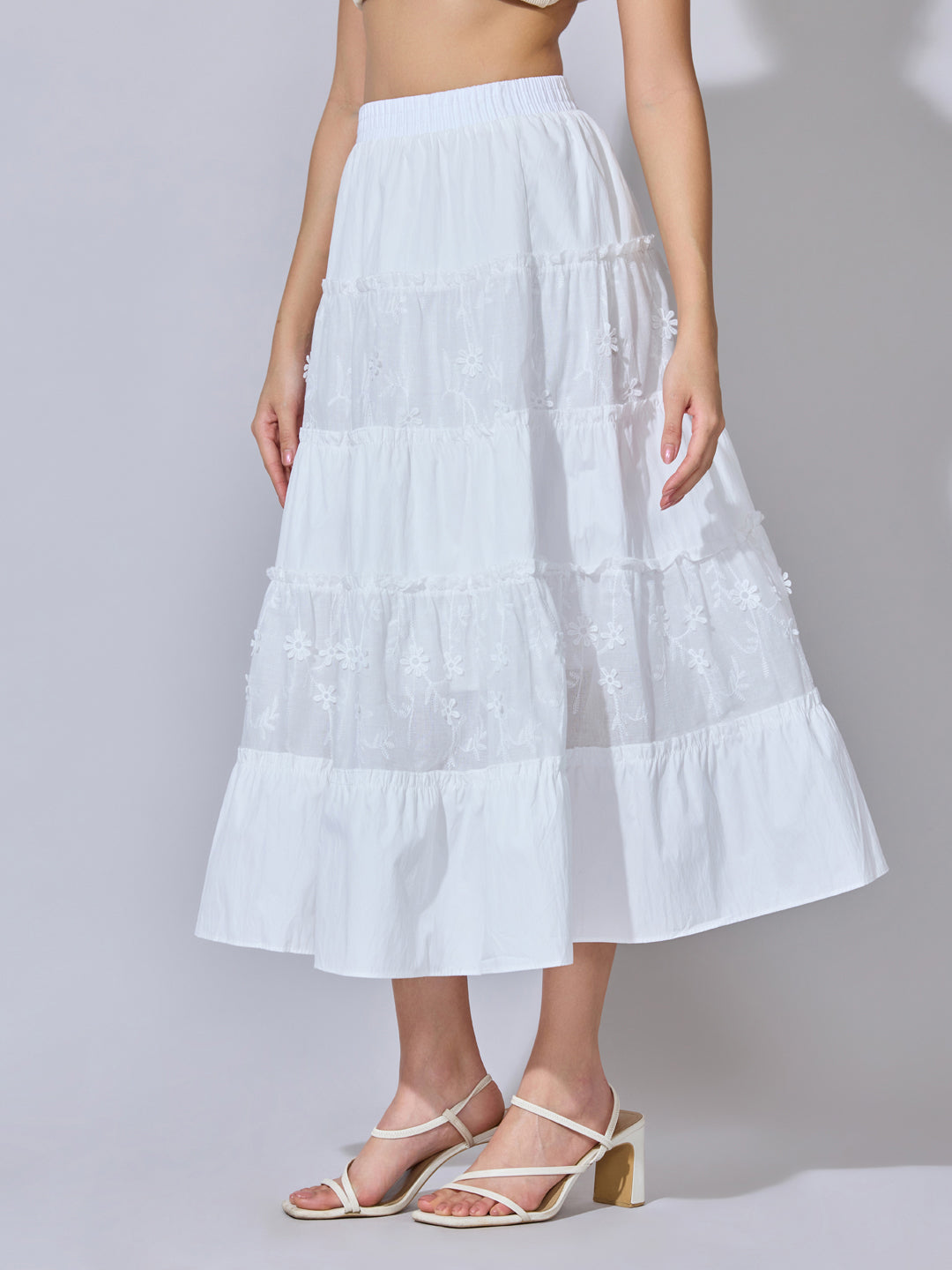 Women's Floral Embroidered White Tiered Midi Skirt