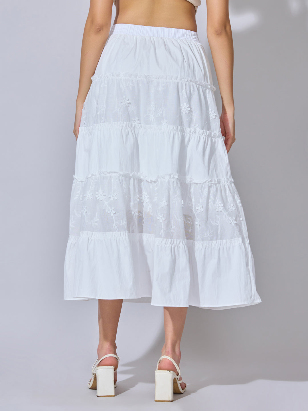 Women's Floral Embroidered White Tiered Midi Skirt