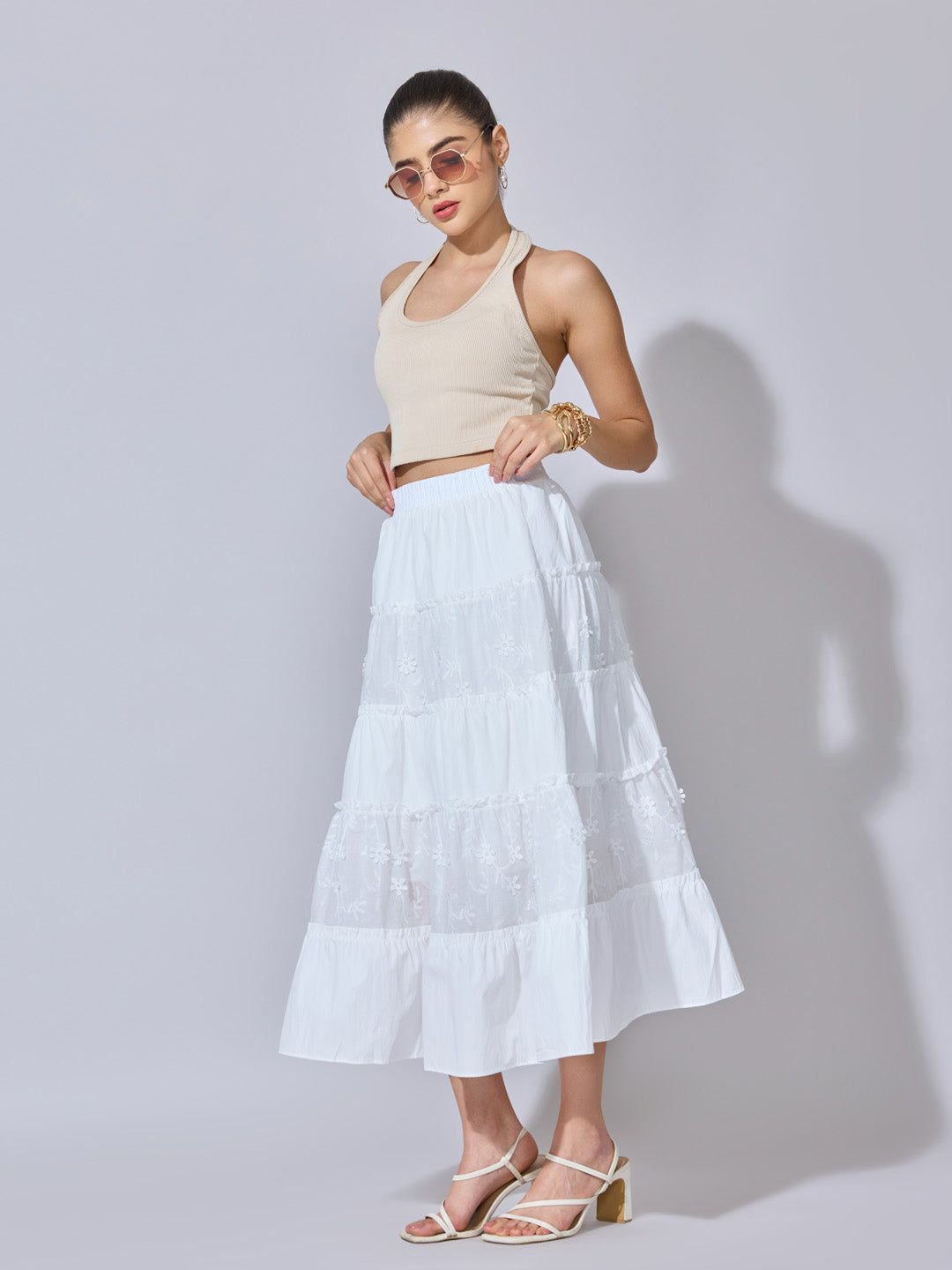 Women's Floral Embroidered White Tiered Midi Skirt