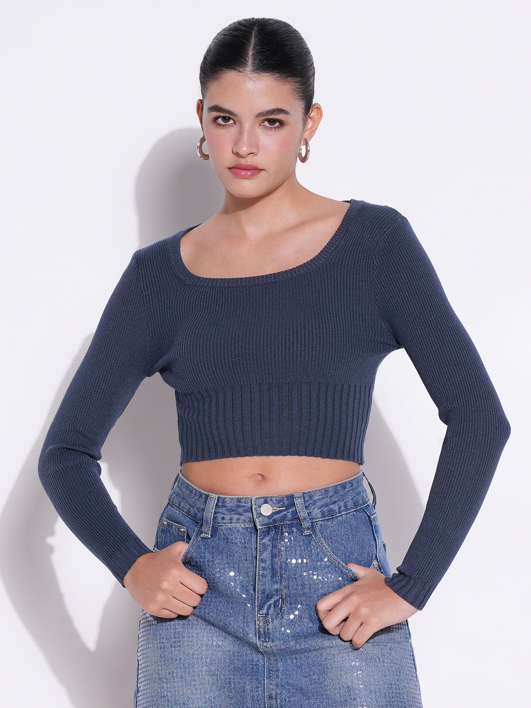 Women Blue Solid Crop Top