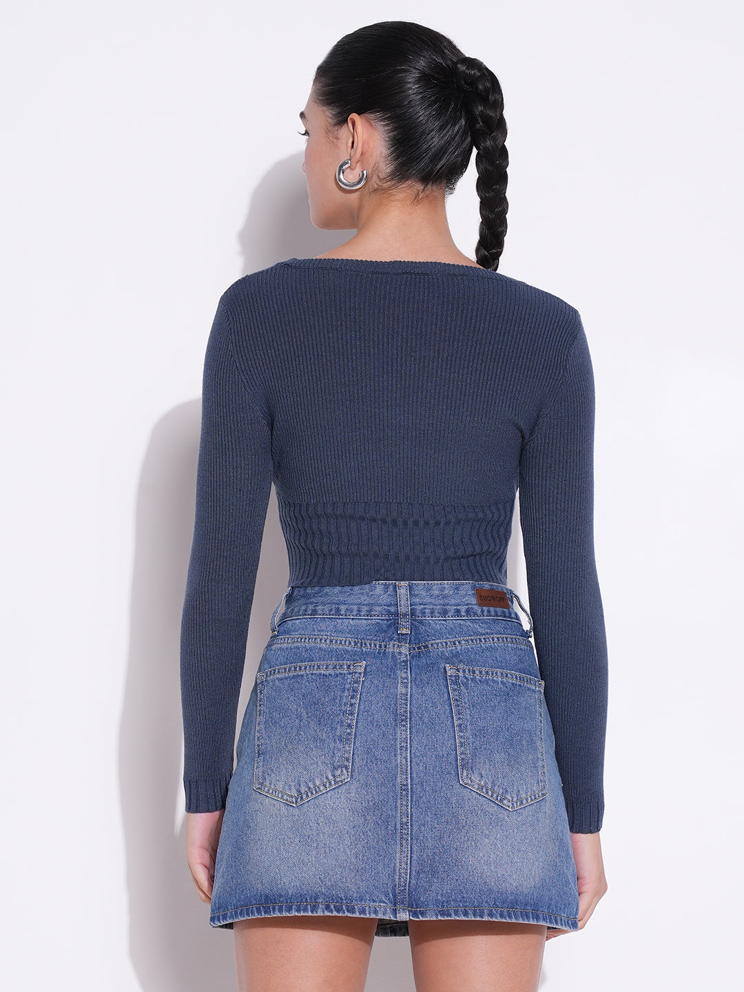 Women Blue Solid Crop Top