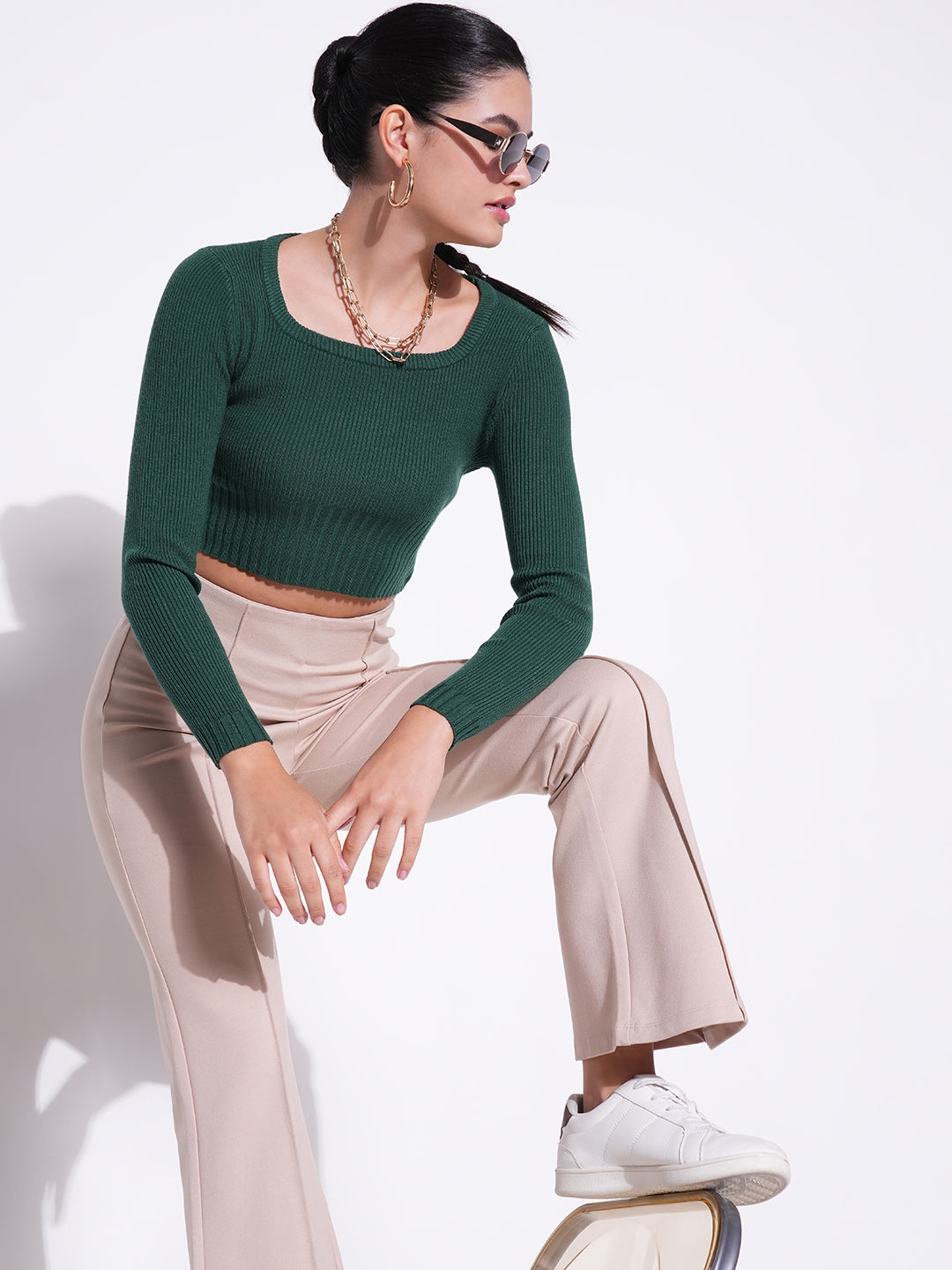 Women Green Solid Crop Top