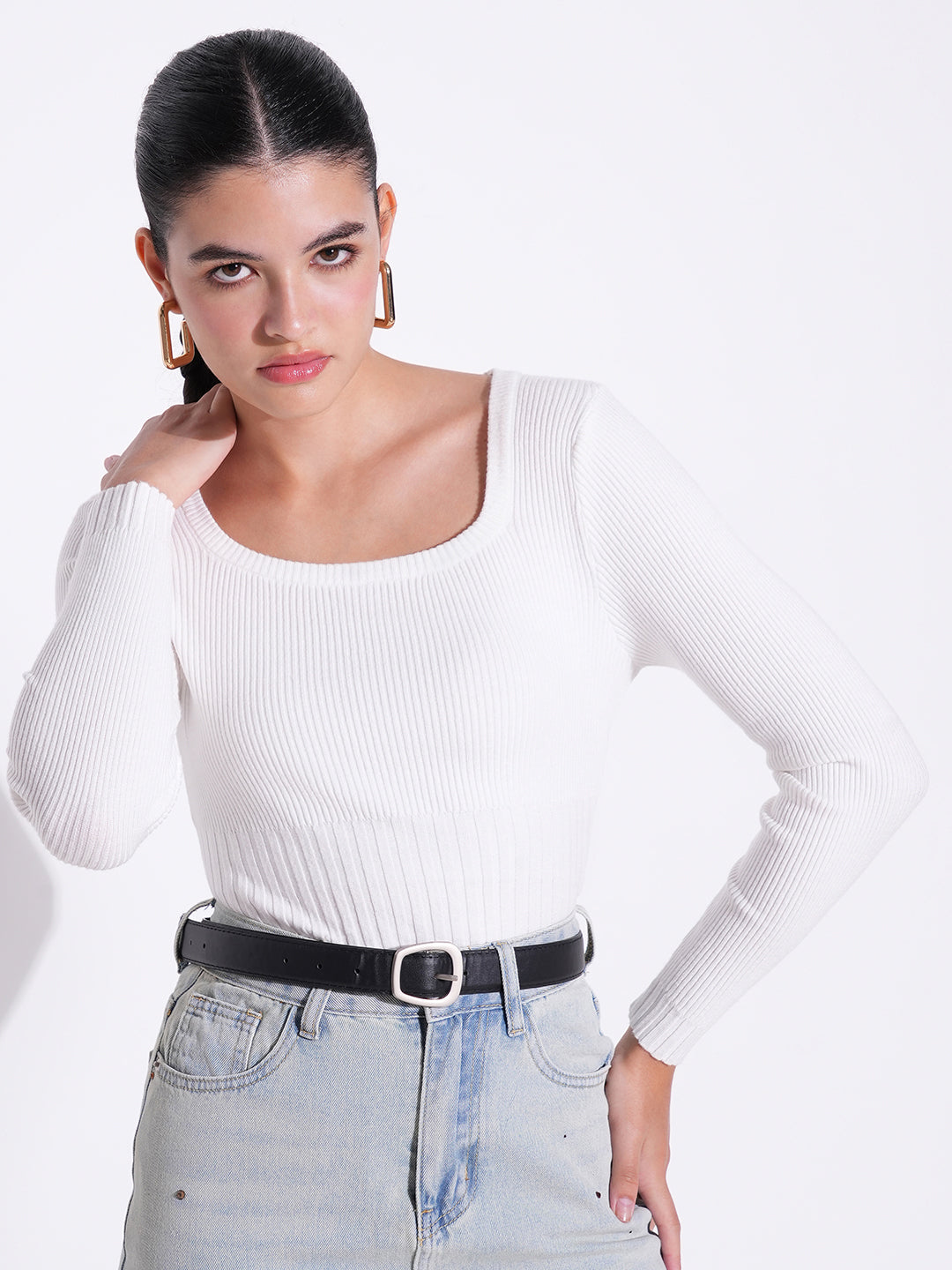Women's White Striped Long Sleeves Crop Top
