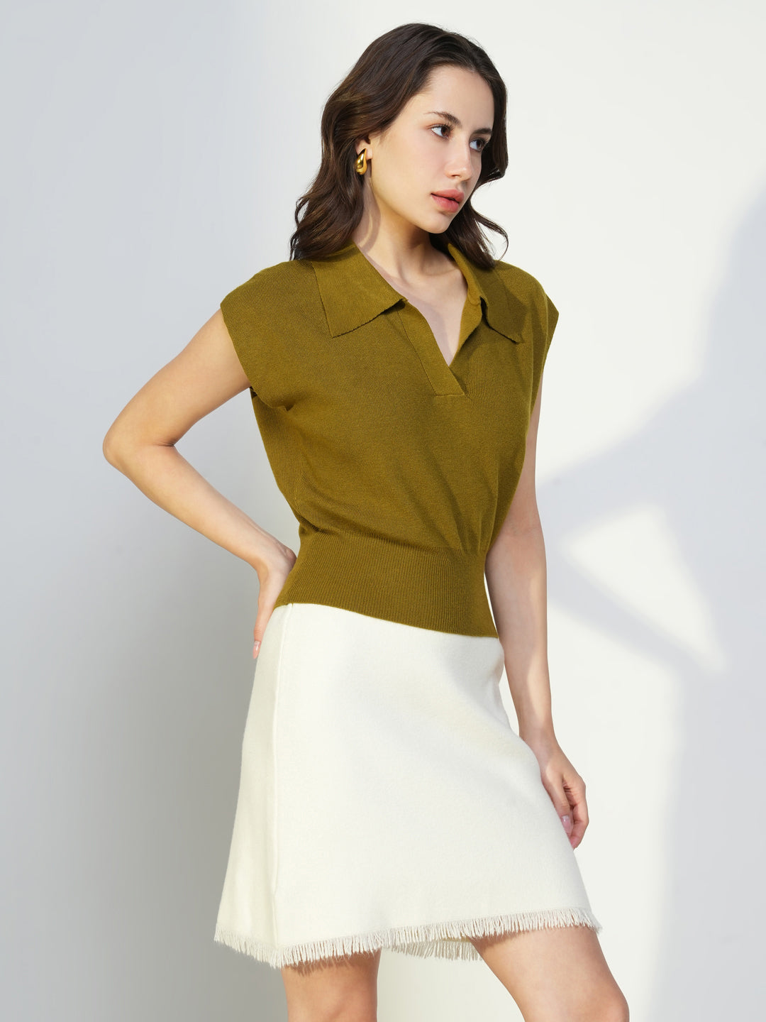 Women's Olive Shirt Collar Top