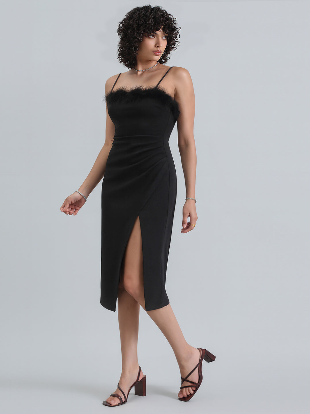Women's Black Feather Trim Bodycon Midi Dress with Side Slit