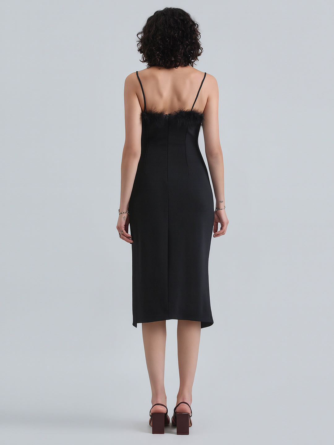 Women's Black Feather Trim Bodycon Midi Dress with Side Slit