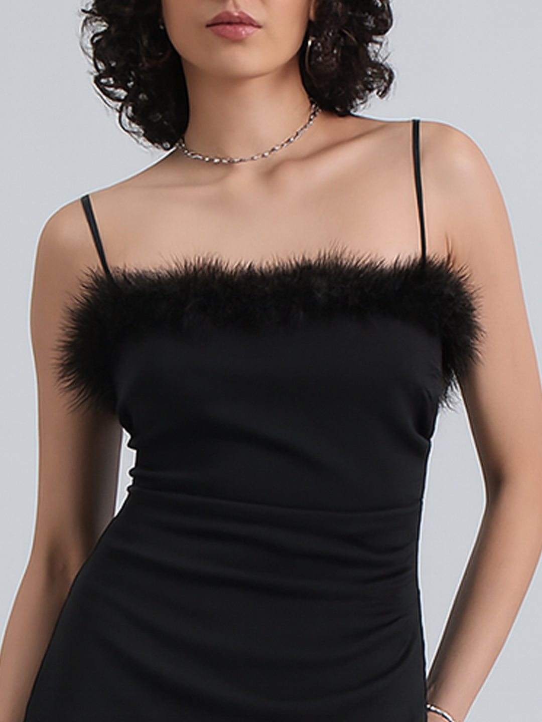 Women's Black Feather Trim Bodycon Midi Dress with Side Slit