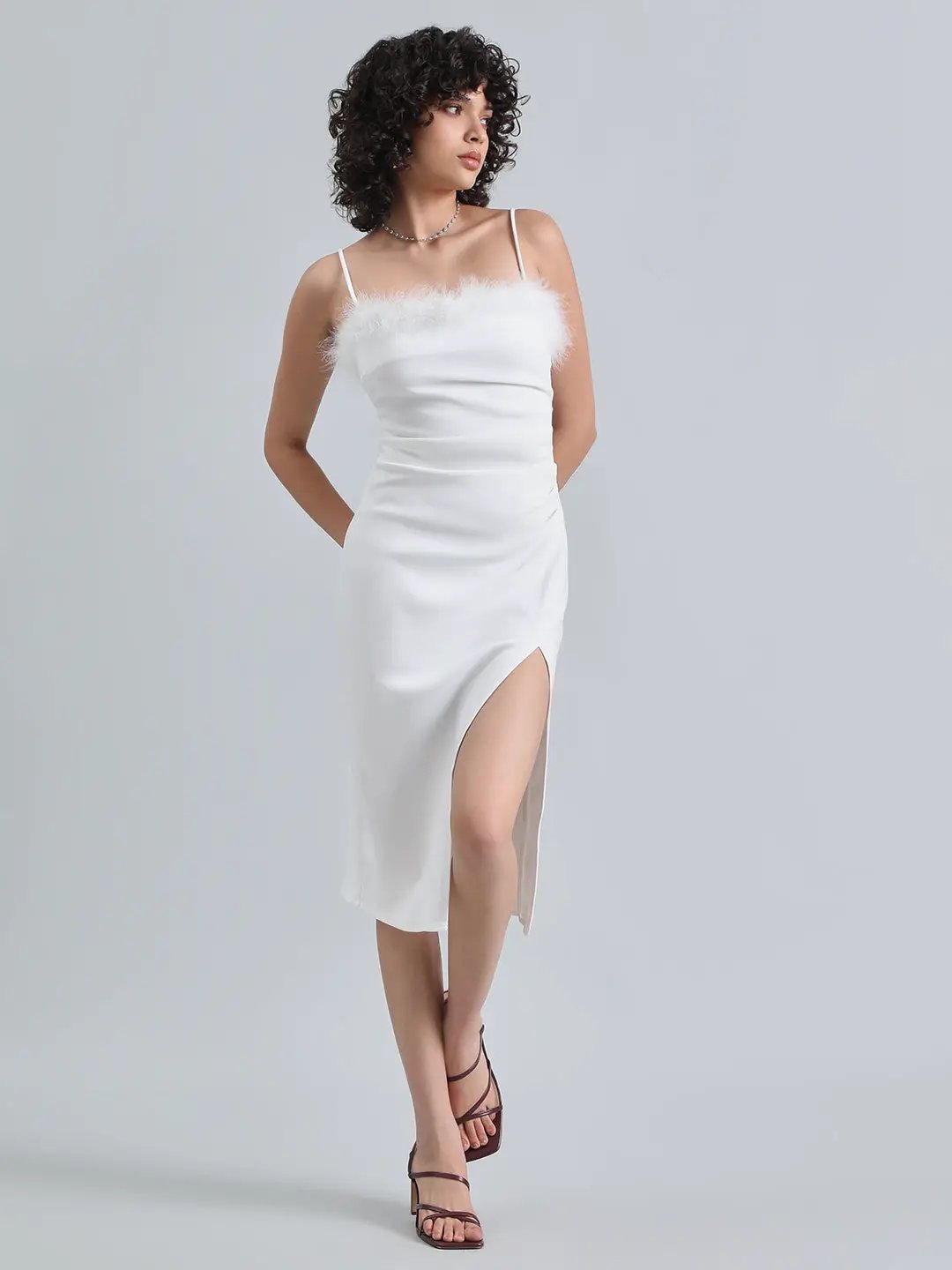 Shop Women's White Feather Trim Bodycon Midi Dress with Side Slit| Showoffff Shop Women's White Feather Trim Bodycon Midi Dress with Side Slit| Showoffff