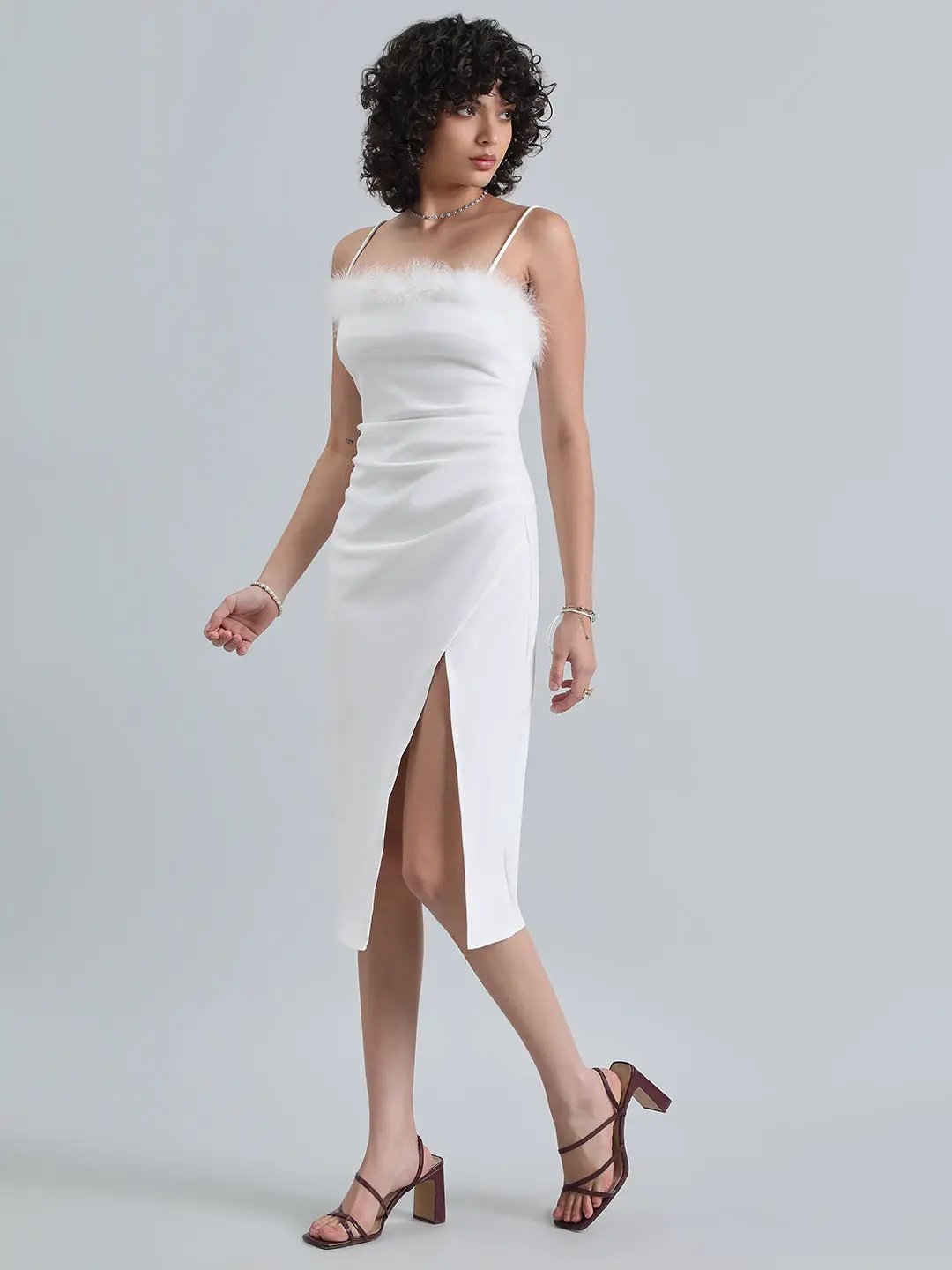 Women's White Feather Trim Bodycon Midi Dress with Side Slit - from SHOWOFFFF