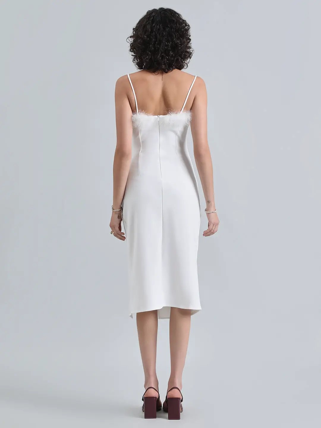 Women's White Feather Trim Bodycon Midi Dress with Side Slit - from SHOWOFFFF