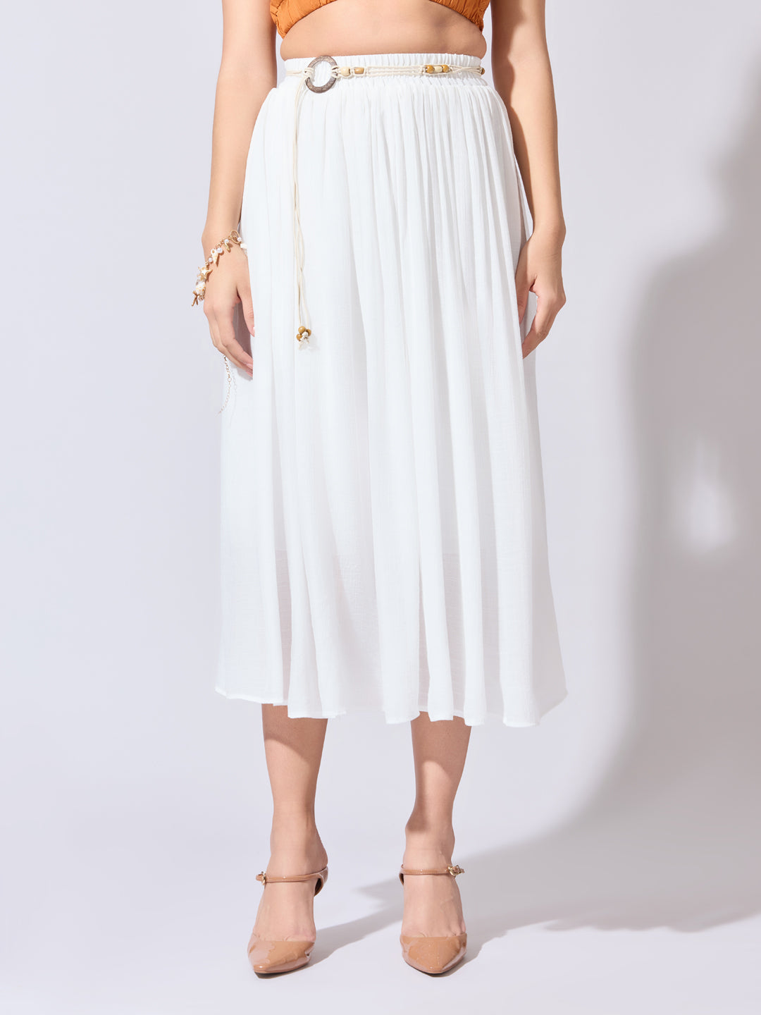 Women's White Midi Skirt with Belt