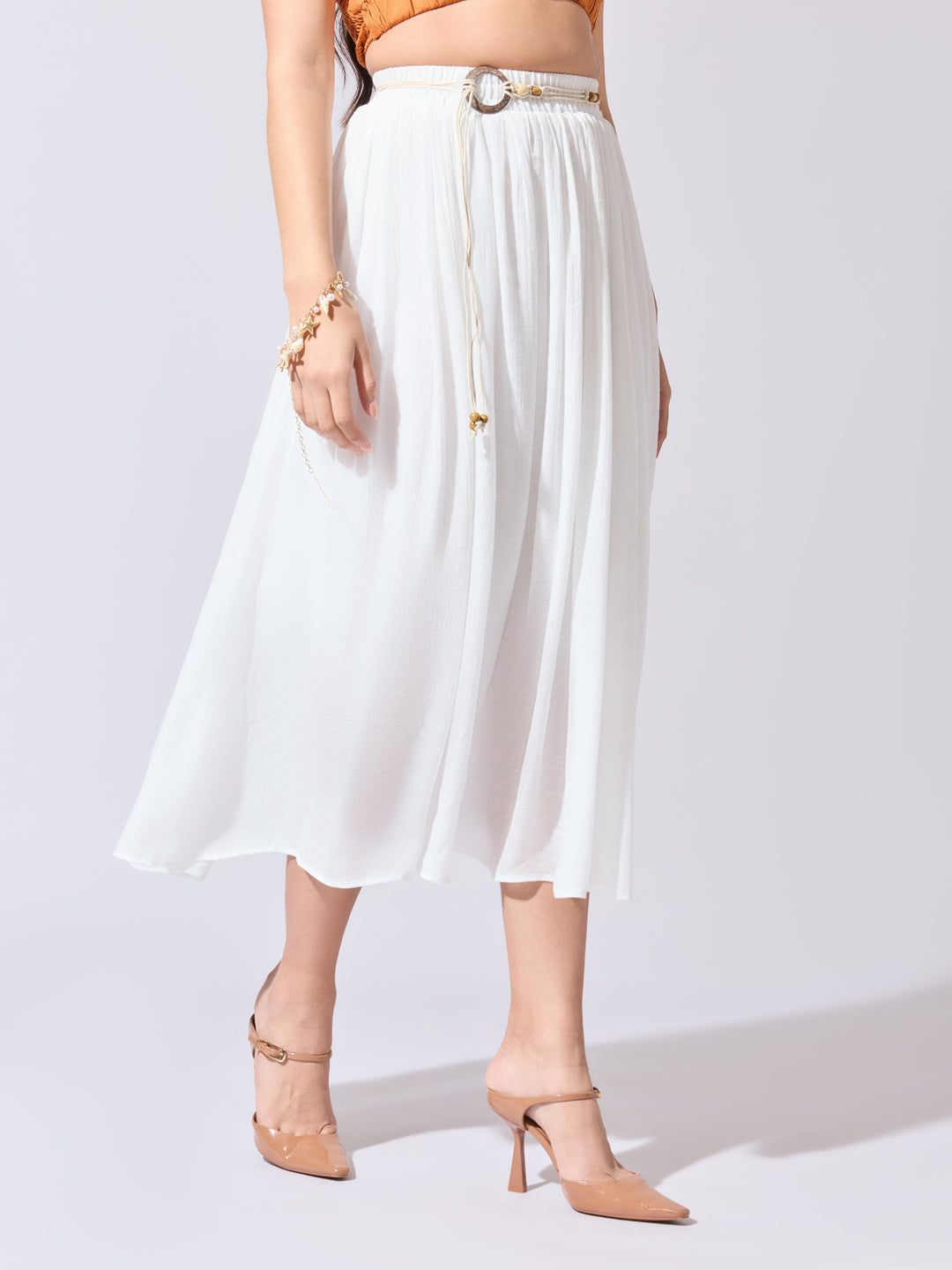 Women's White Midi Skirt with Belt