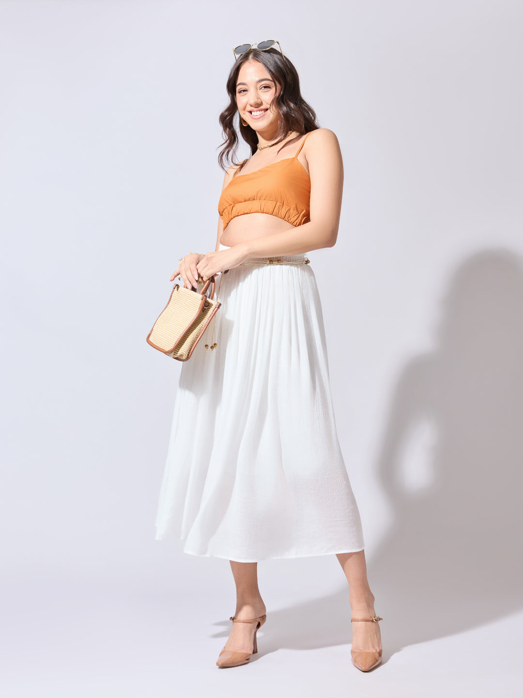 Women's White Midi Skirt with Belt