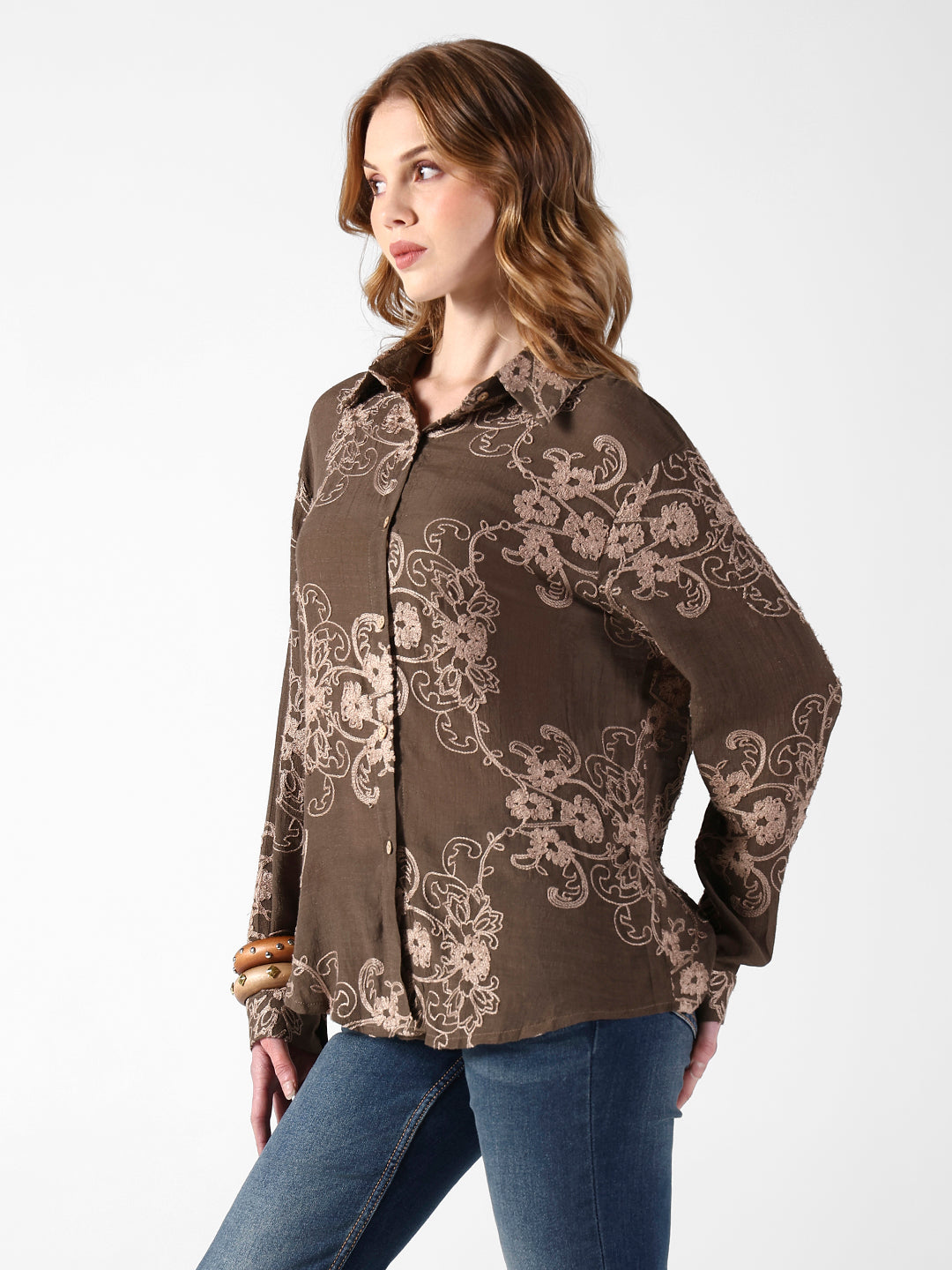 Women's Embroidered Floral Olive Button-Down Shirt