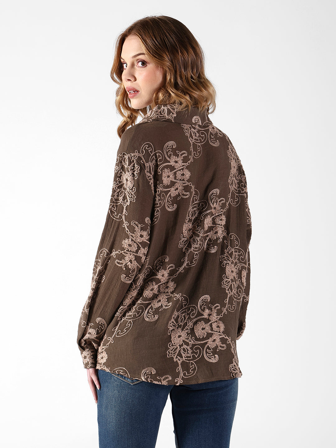 Women's Embroidered Floral Olive Button-Down Shirt