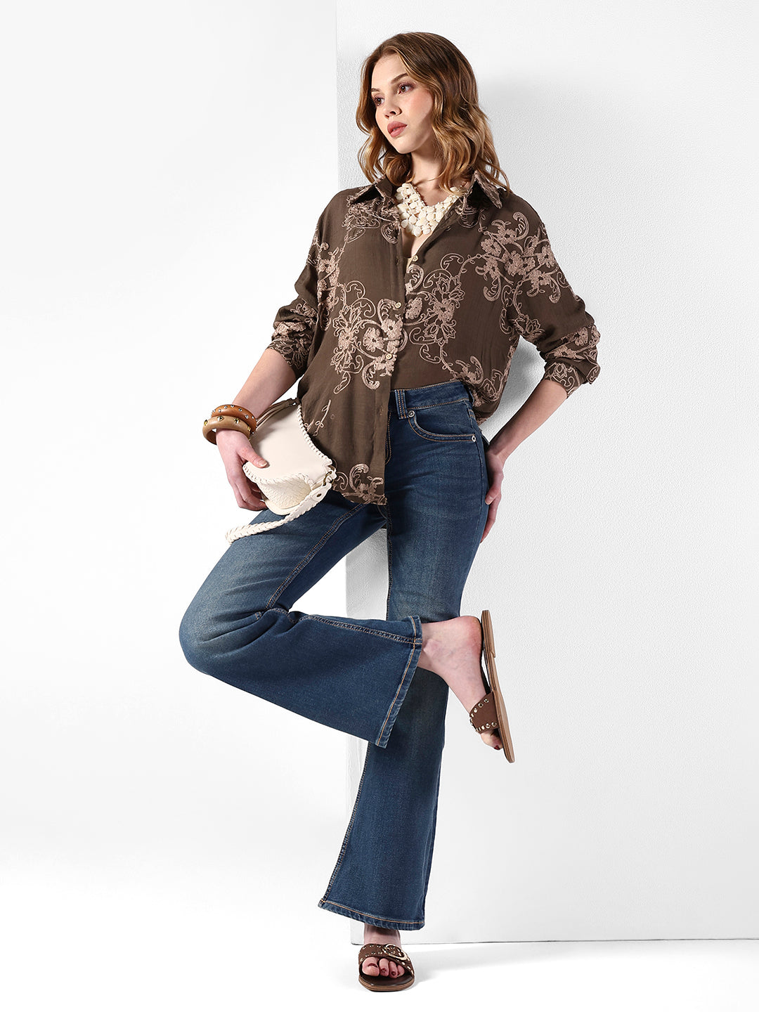 Women's Embroidered Floral Olive Button-Down Shirt