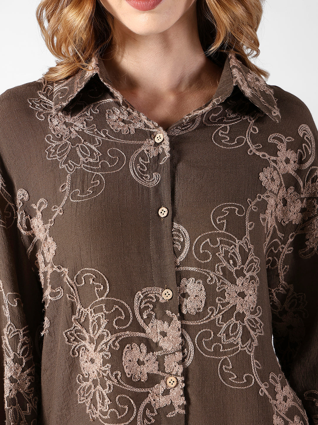 Women's Embroidered Floral Olive Button-Down Shirt