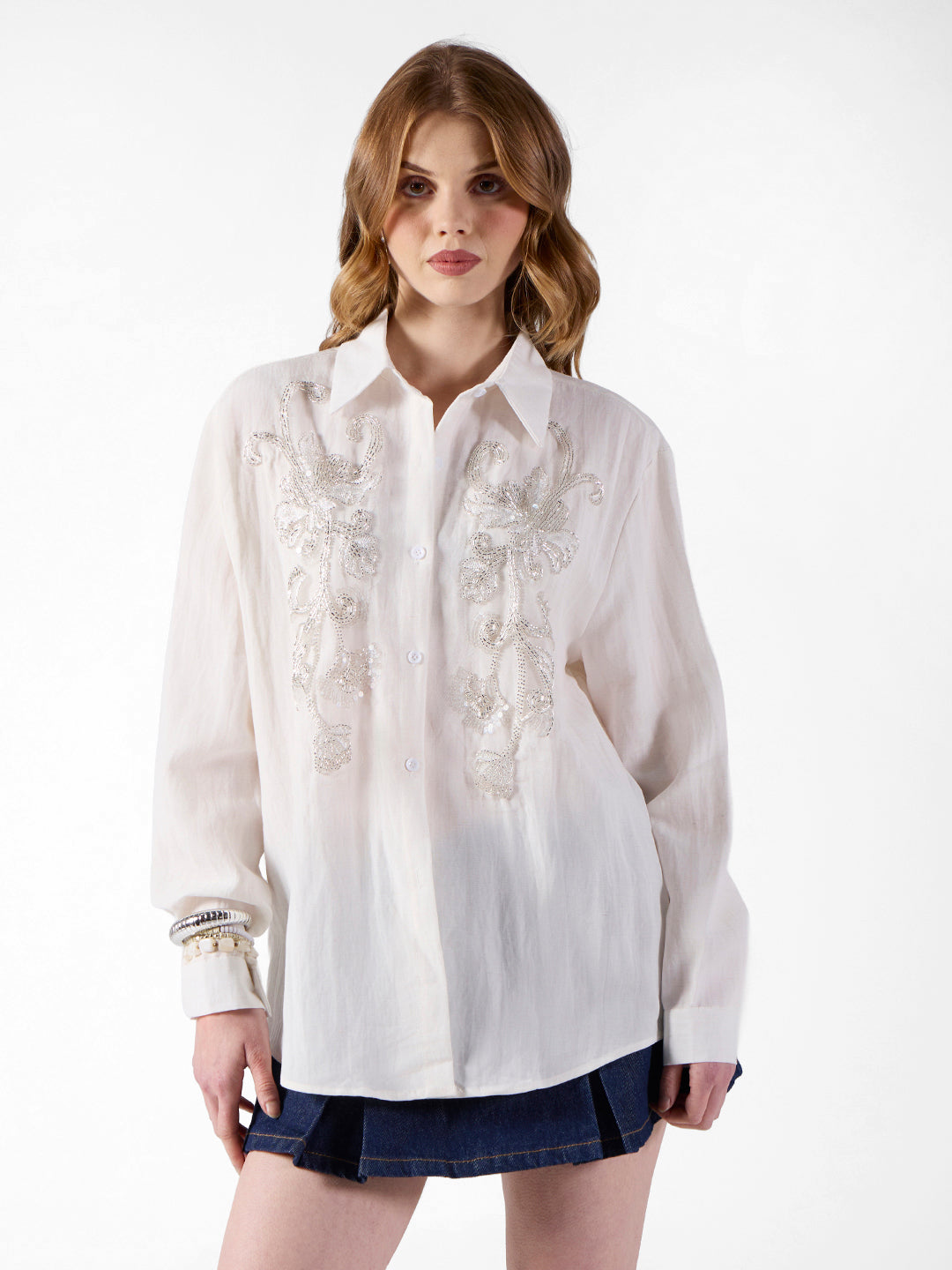 Women's Embellished Off White Shirt with Sequin Floral Detail