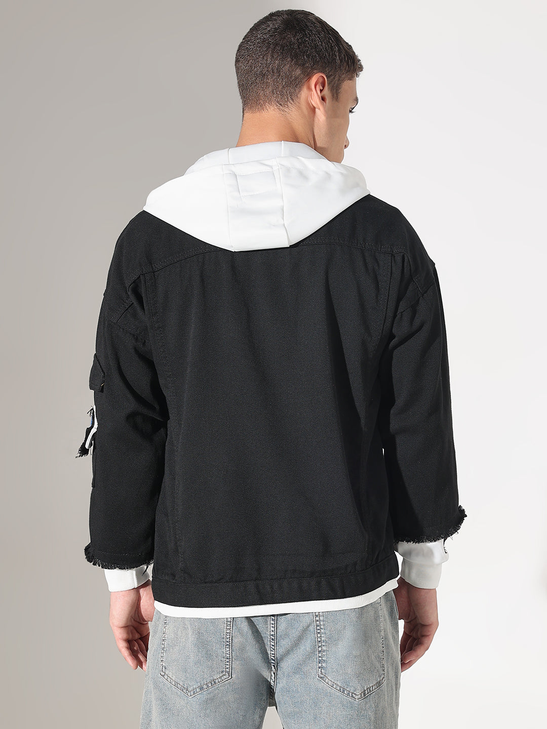 Men's Black Distressed Denim Layered Jacket with White Hood