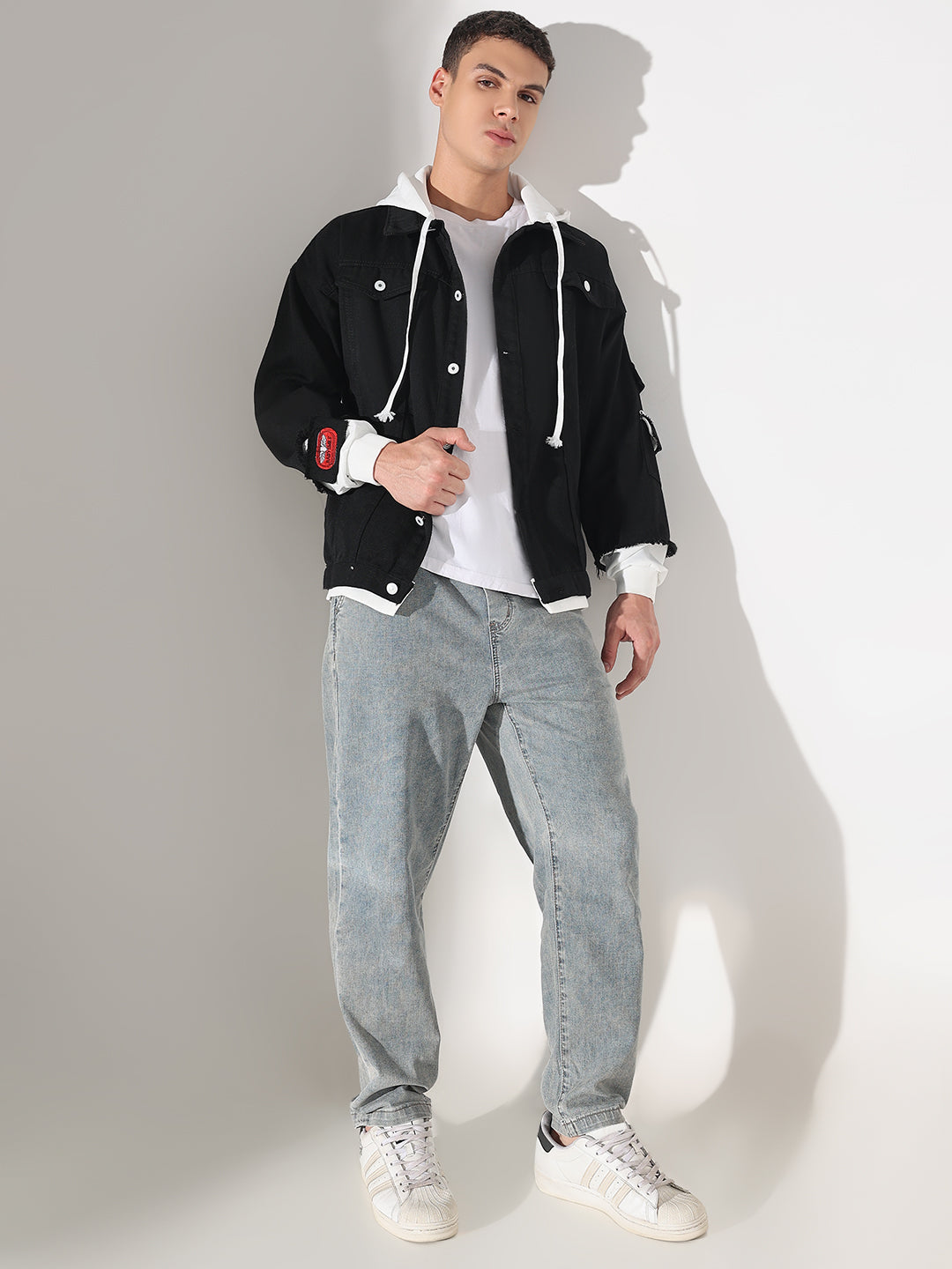 Men's Black Distressed Denim Layered Jacket with White Hood