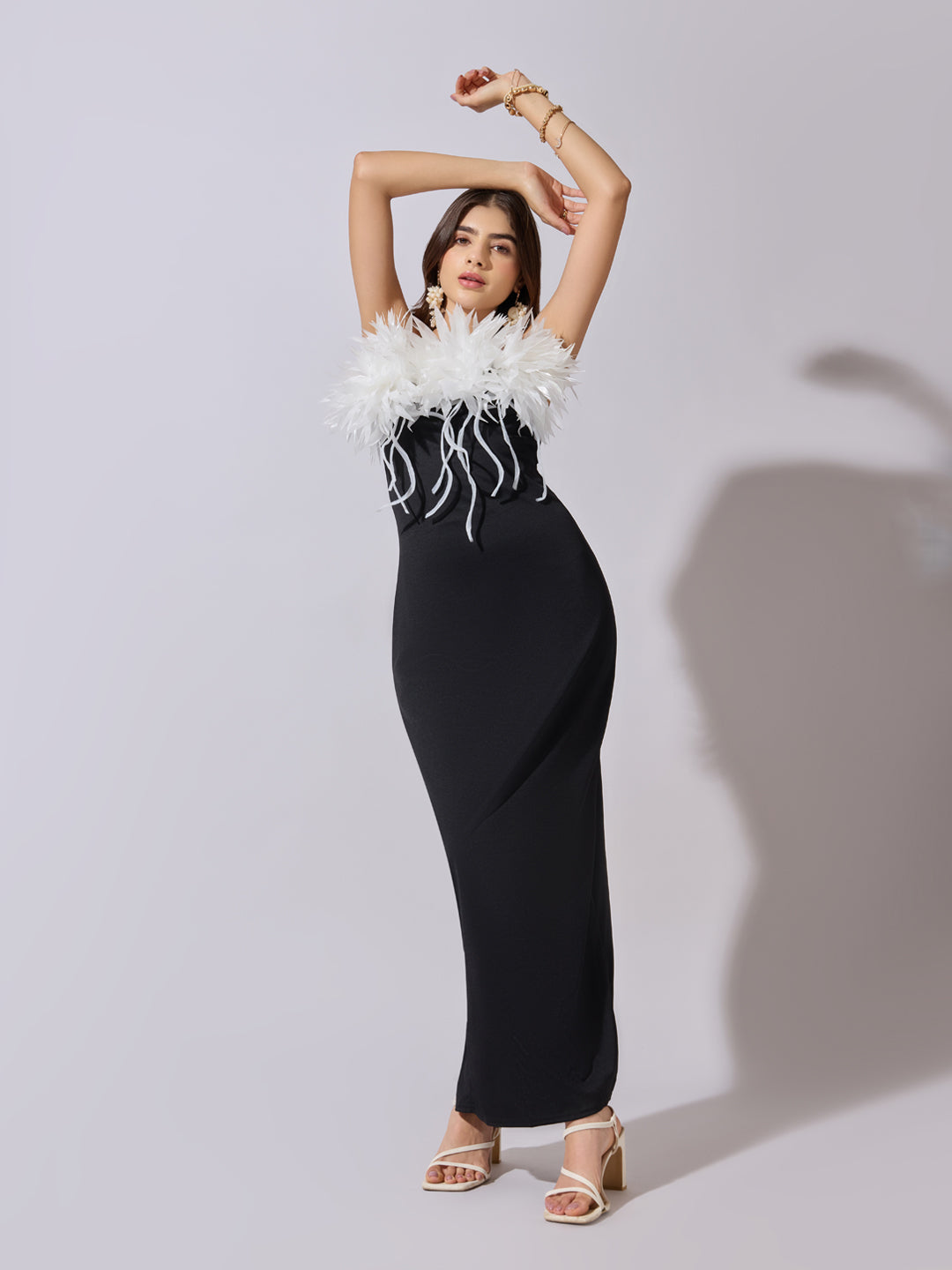 Women's Black & White Feather Trim Bodycon Maxi Dress