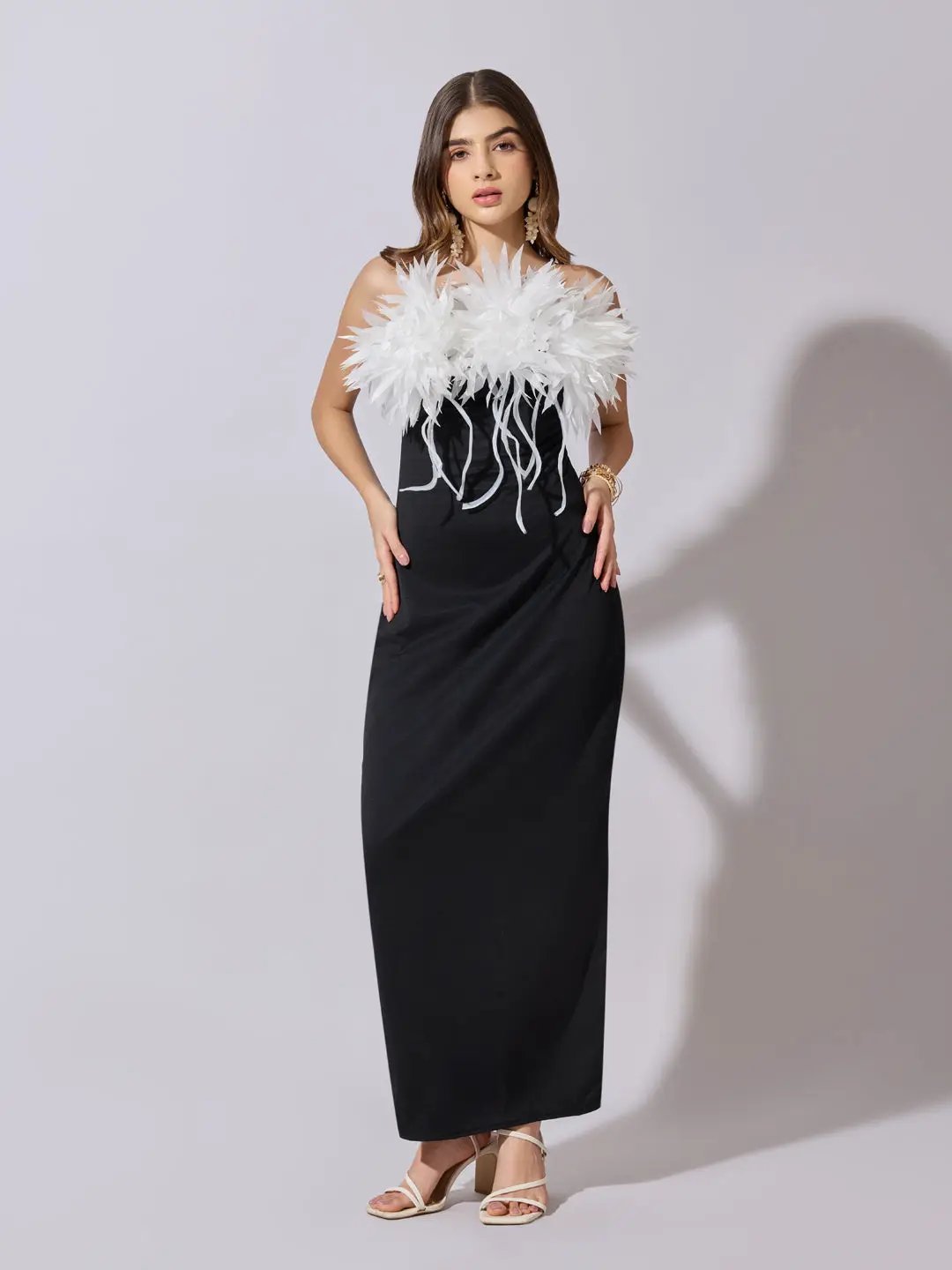 Shop Women's Black & White Feather Trim Bodycon Maxi Dress| Showoffff Shop Women's Black & White Feather Trim Bodycon Maxi Dress| Showoffff