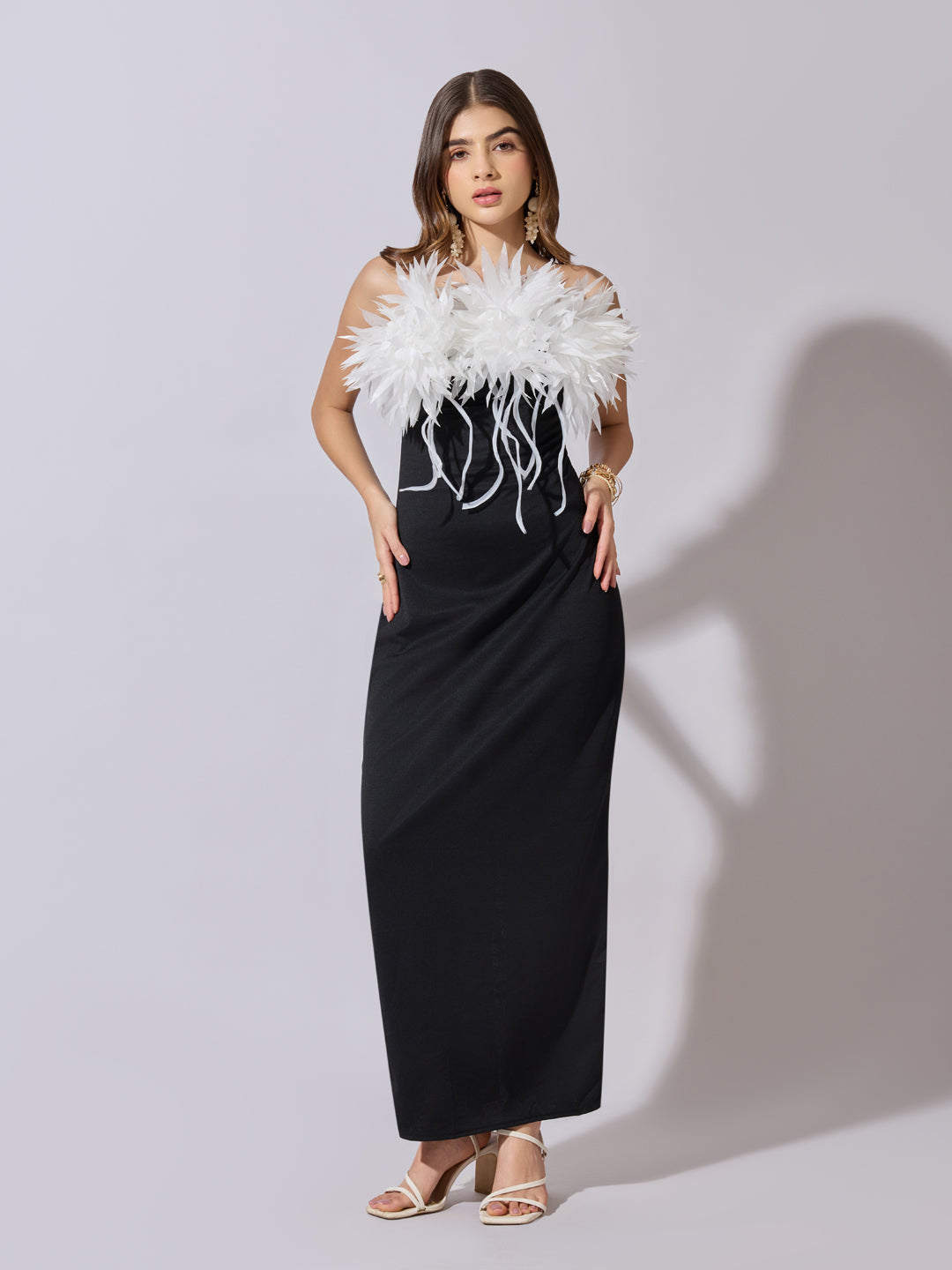 Women's Black & White Feather Trim Bodycon Maxi Dress