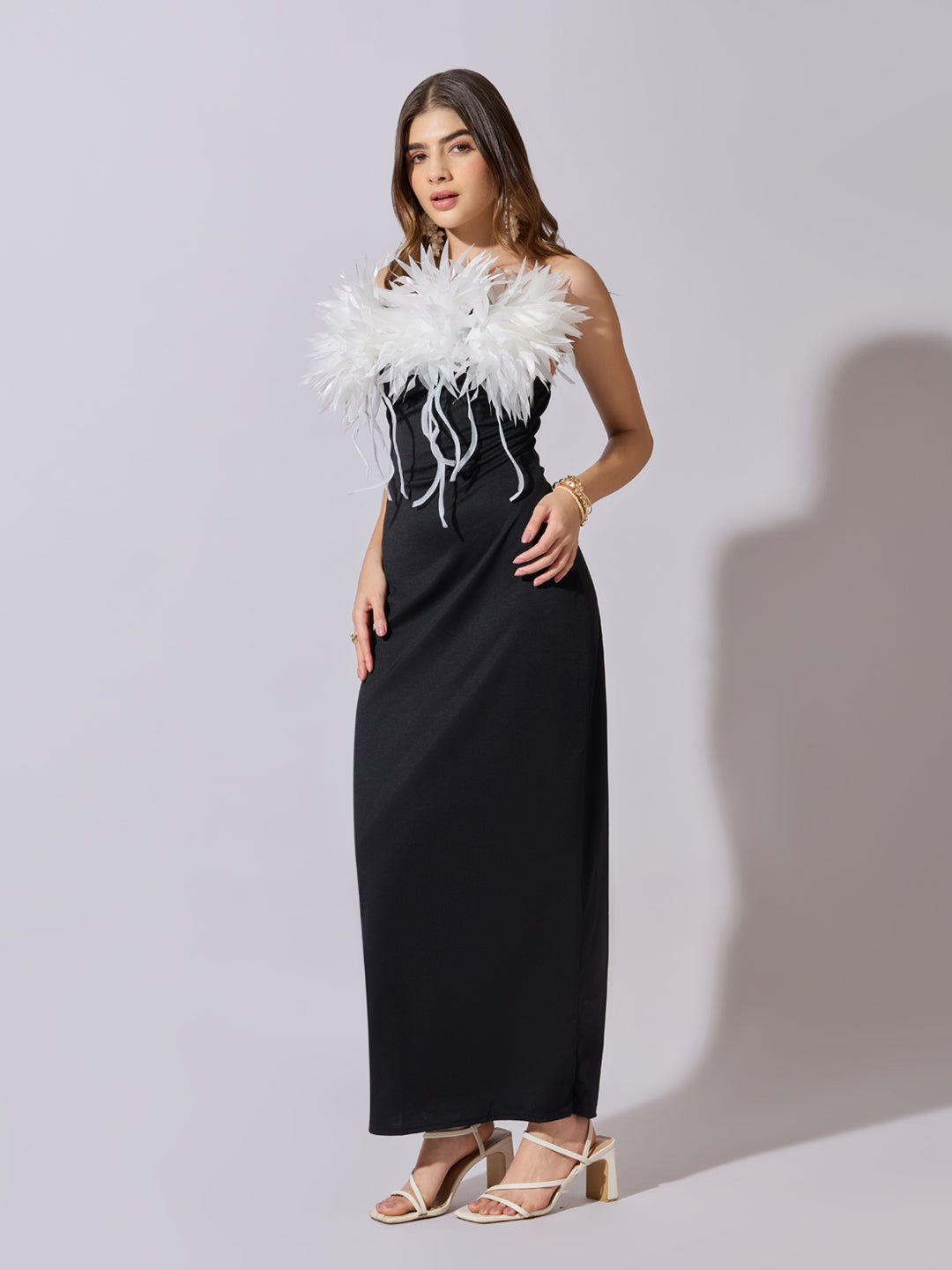 Women's Black & White Feather Trim Bodycon Maxi Dress