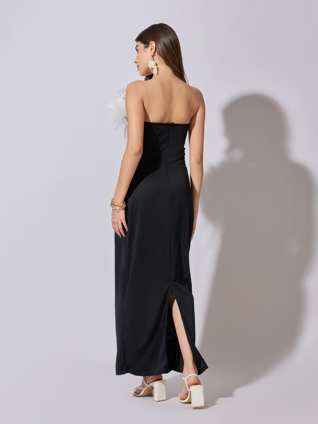 Women's Black & White Feather Trim Bodycon Maxi Dress