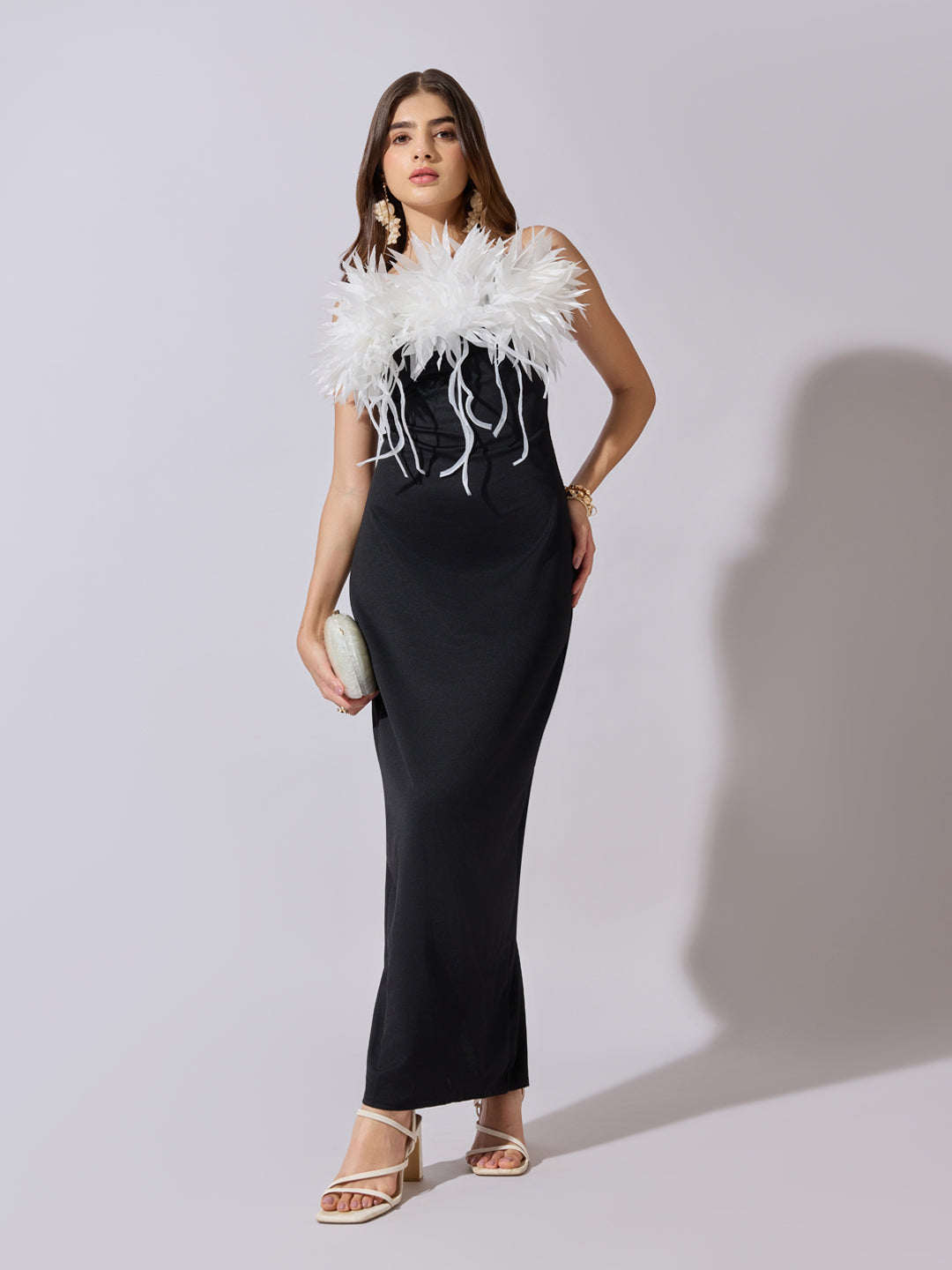 Women's Black & White Feather Trim Bodycon Maxi Dress