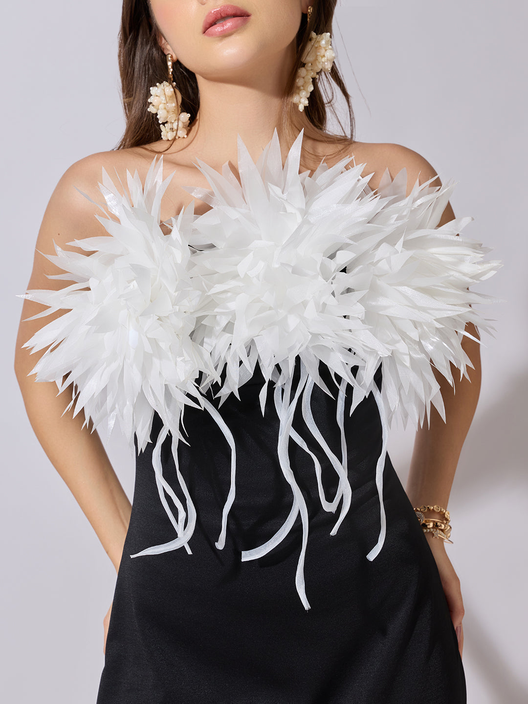 Women's Black & White Feather Trim Bodycon Maxi Dress