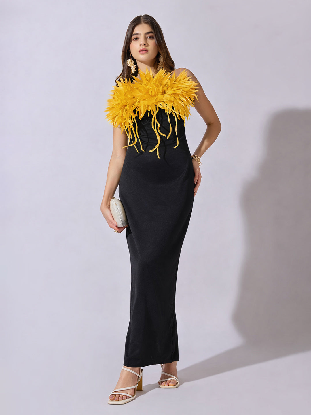 Women's Yellow Strapless Maxi Dress with 3-D Applique