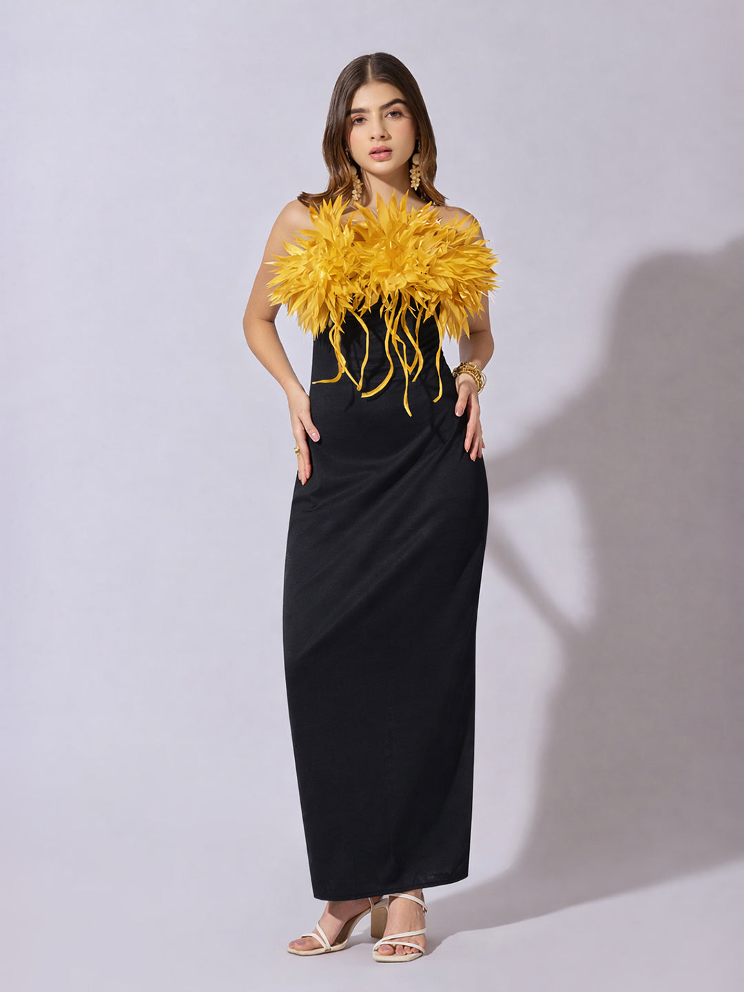 Women's Yellow Strapless Maxi Dress with 3-D Applique