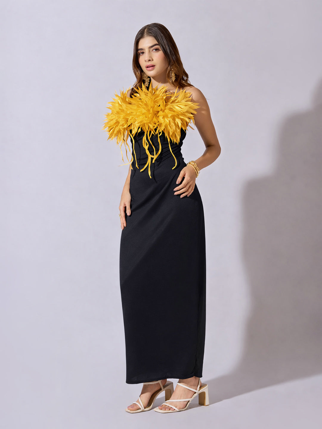 Women's Yellow Strapless Maxi Dress with 3-D Applique