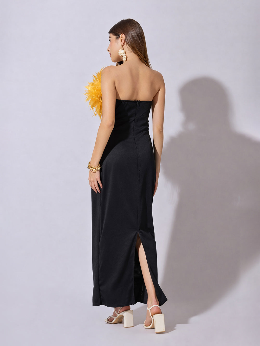 Women's Yellow Strapless Maxi Dress with 3-D Applique
