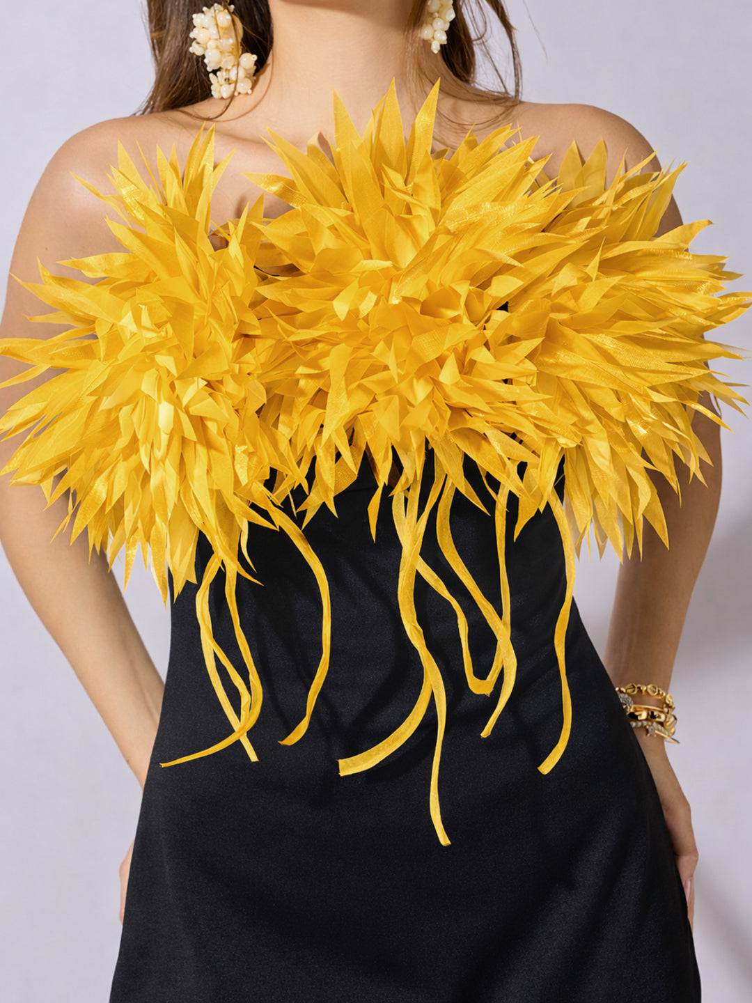 Women's Yellow Strapless Maxi Dress with 3-D Applique