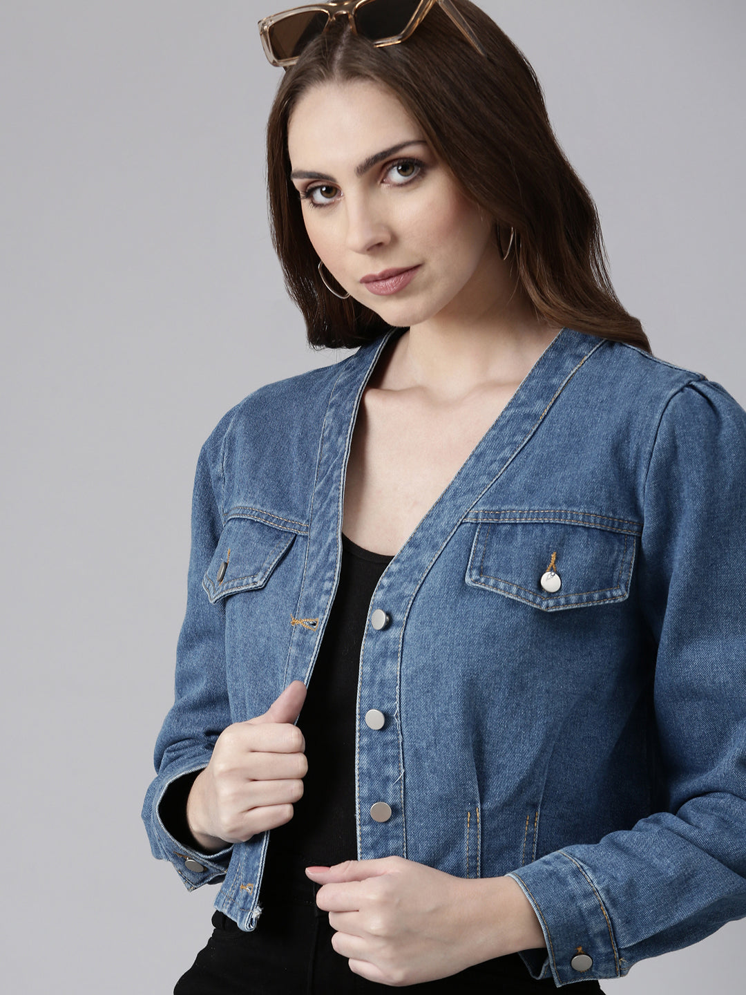 Women Blue Solid Denim Jacket