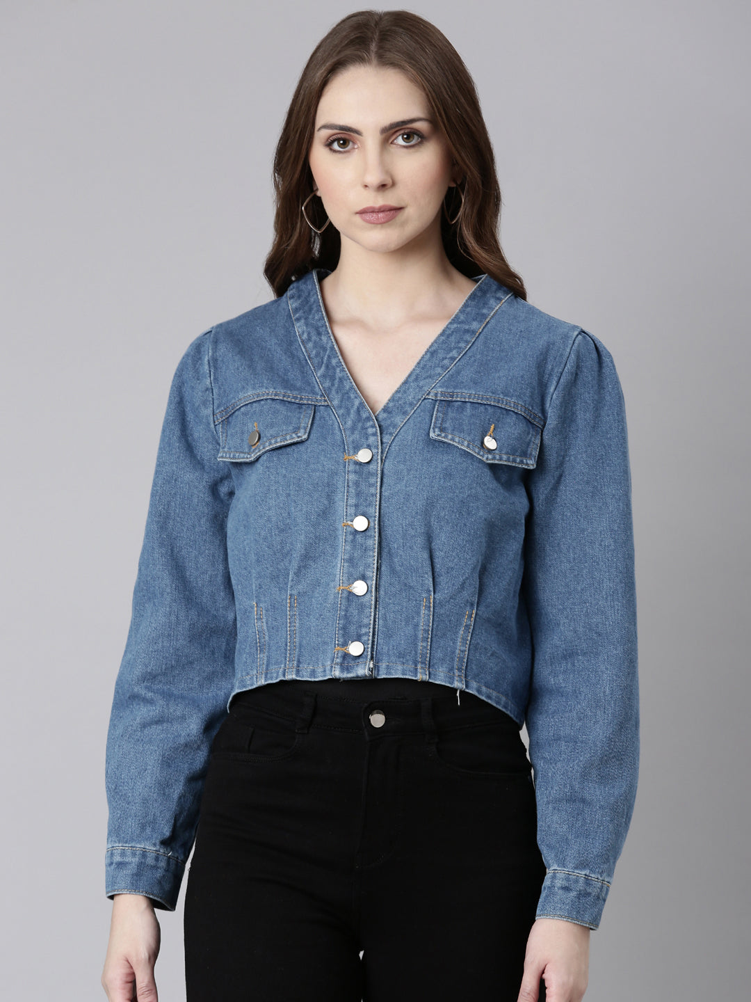 Women Blue Solid Denim Jacket