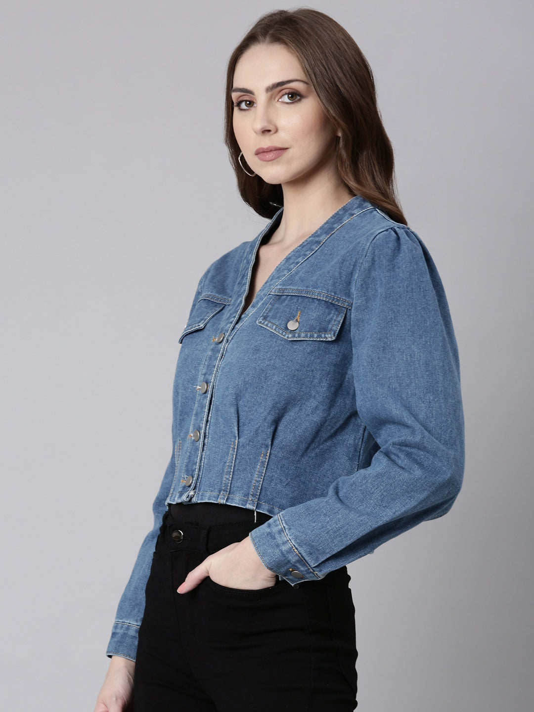 Women Blue Solid Denim Jacket