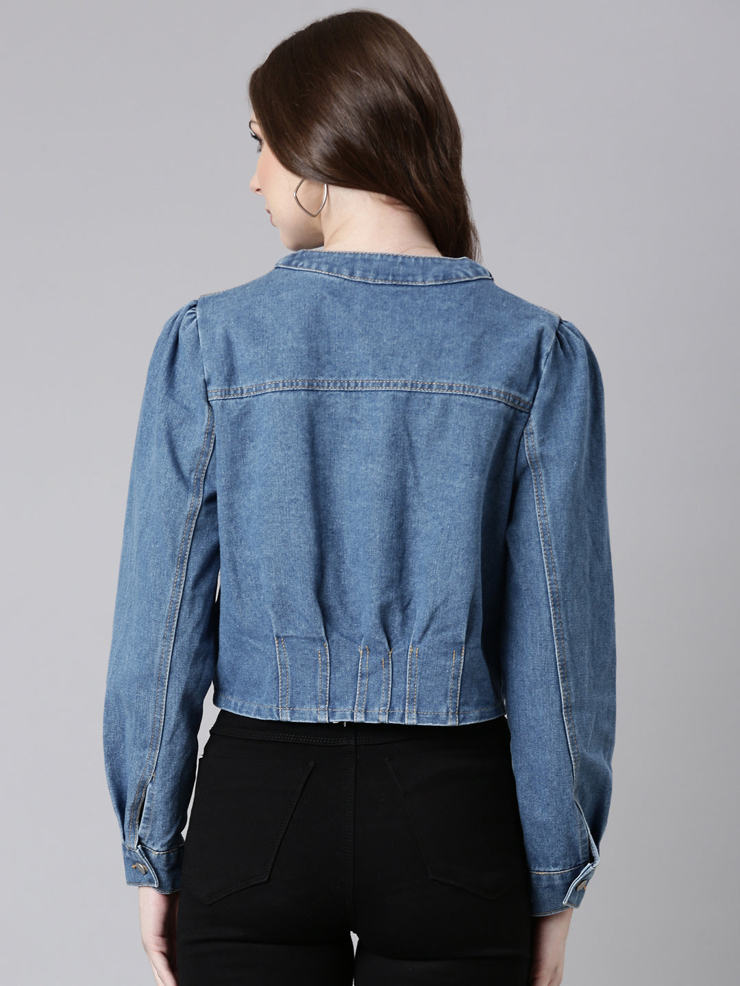 Women Blue Solid Denim Jacket