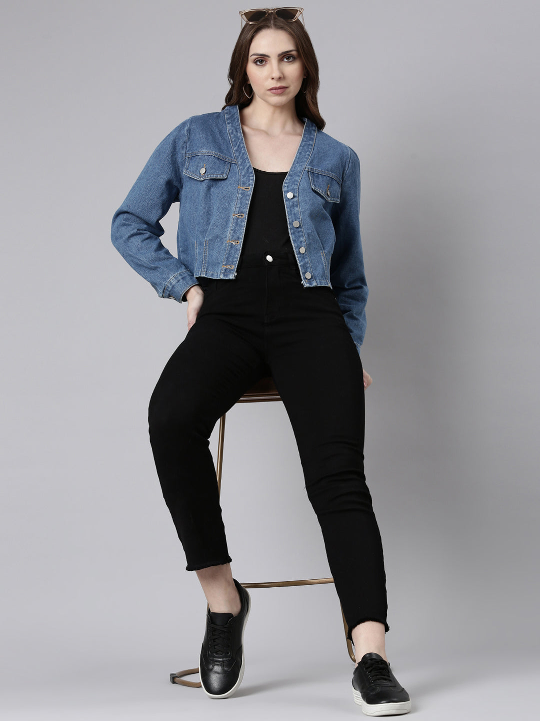 Women Blue Solid Denim Jacket