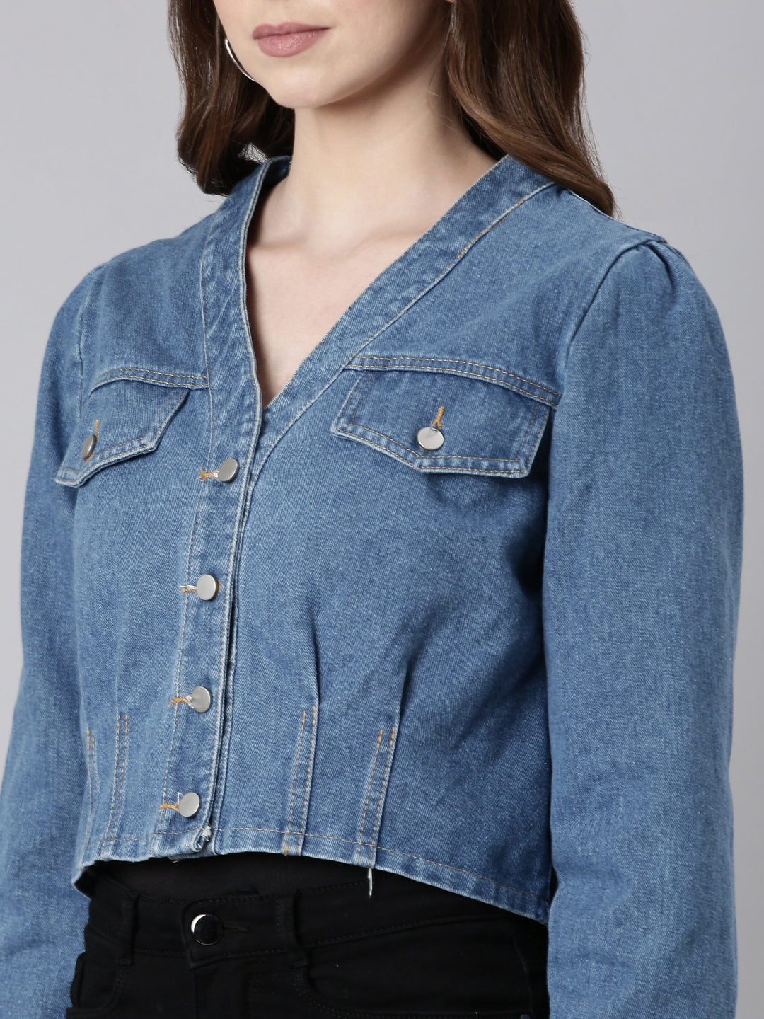 Women Blue Solid Denim Jacket