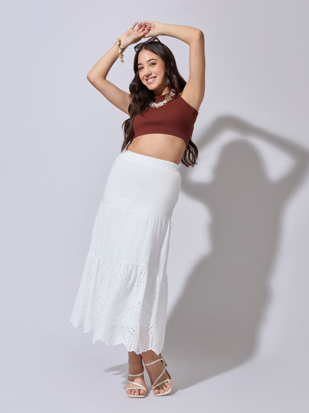 Women's Tiered White Schiffli Midi Skirt