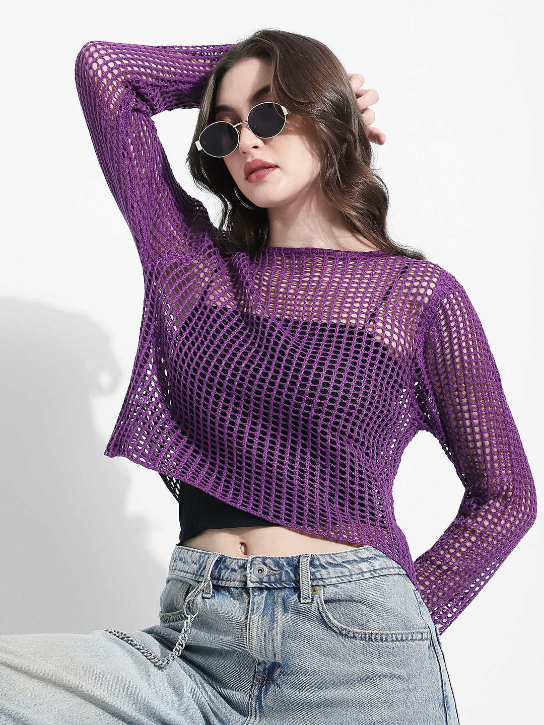 Women's Purple Open Knit Crochet Top with Inner